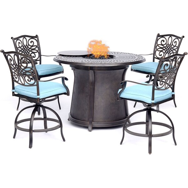 Hanover Traditions 5Piece HighDining Set with 4 Swivel Chairs and a 40，000 BTU Casttop Fire Pit Table