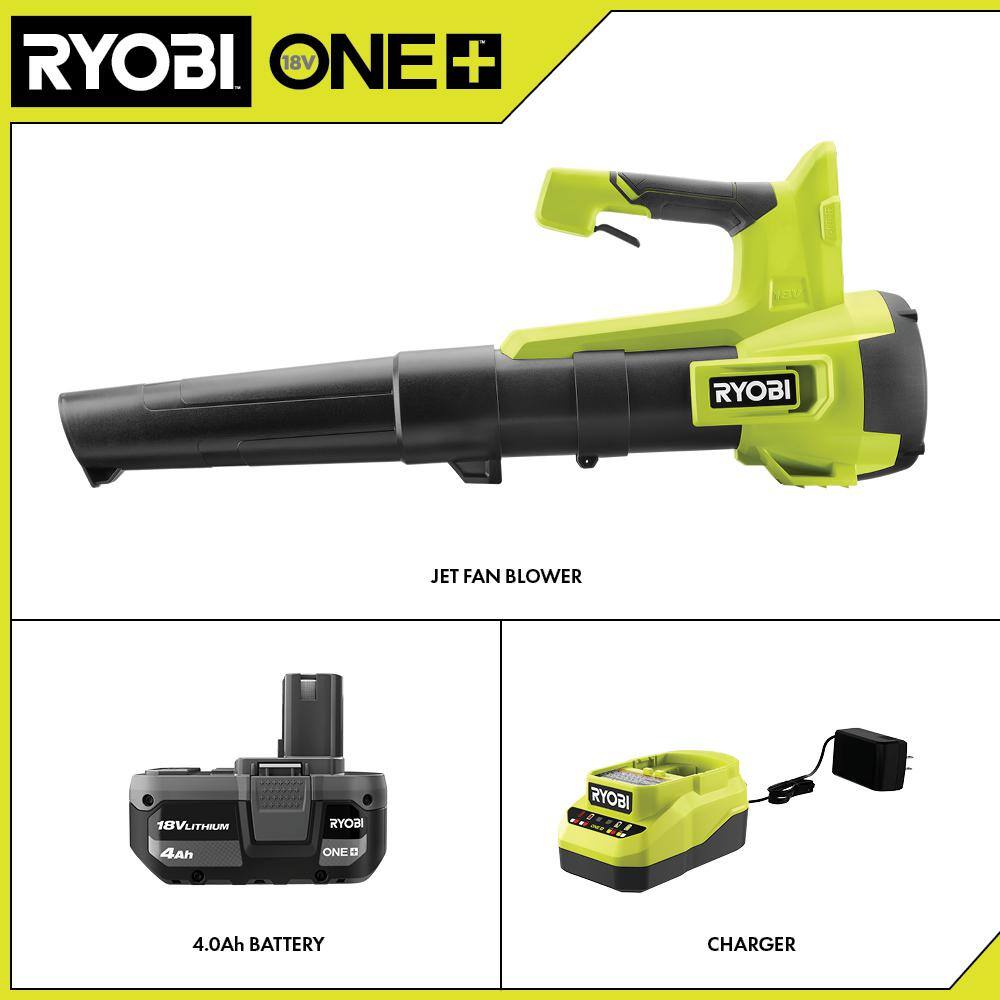 RYOBI ONE+ 18V 100 MPH 325 CFM Cordless Battery Variable Speed Jet Fan Leaf Blower with 4.0 Ah Battery and Charger P21130