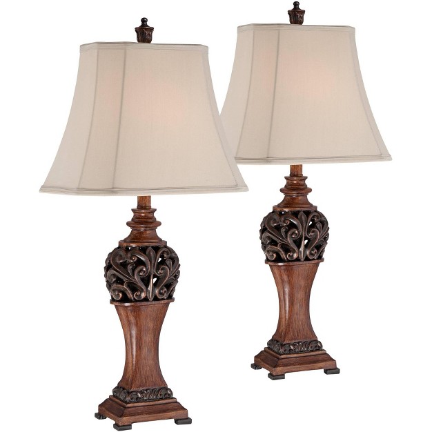 Tall Set Of 2 Bronze Wood Carved Leaf Cream Rectangular Bell Shade For Bedroom Living Room Bedside