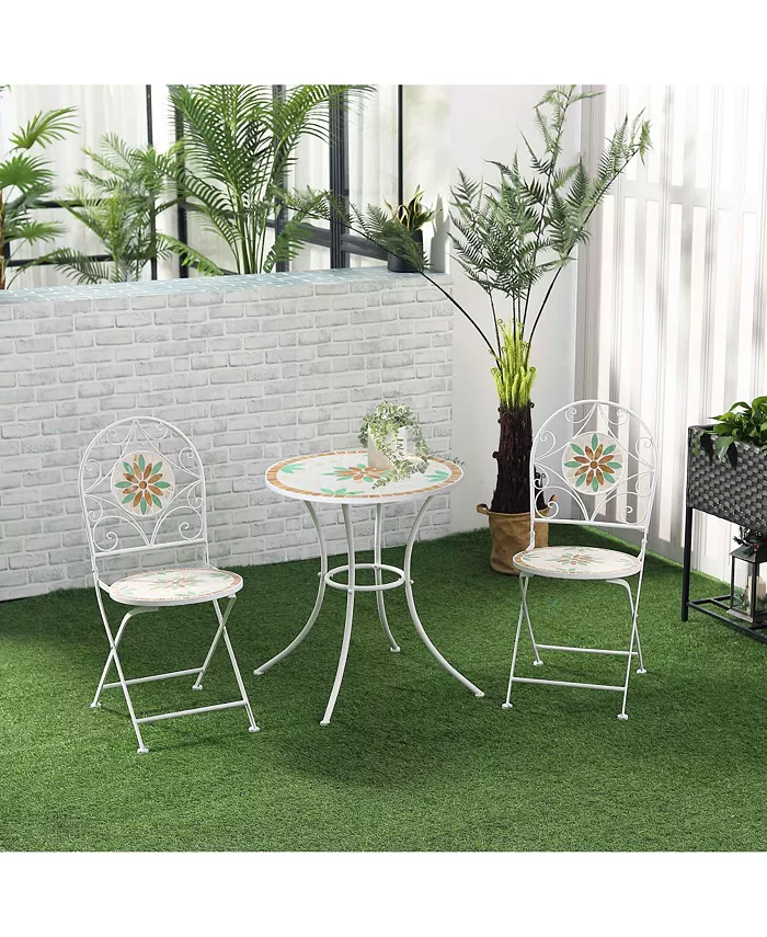 Outsunny 3 Piece Outdoor Bistro Set Patio Dining Set with 2 Folding Chairs Spring Flower Stone Mosaic Folding Center Table for Garden Poolside Porch White