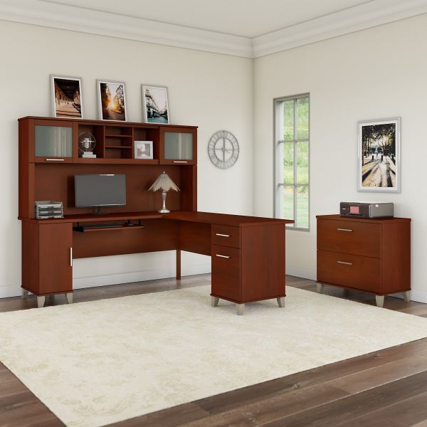 Bush Furniture Somerset 72W L Shaped Desk with Hutch and Lateral File Cabinet in Hansen Cherry