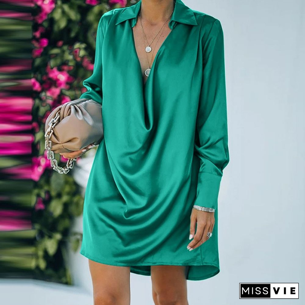 Women Long Sleeve Mini Dress Satin Silk Lapel Cowlneck Party Casual Loose Shirt Dress Plus Size