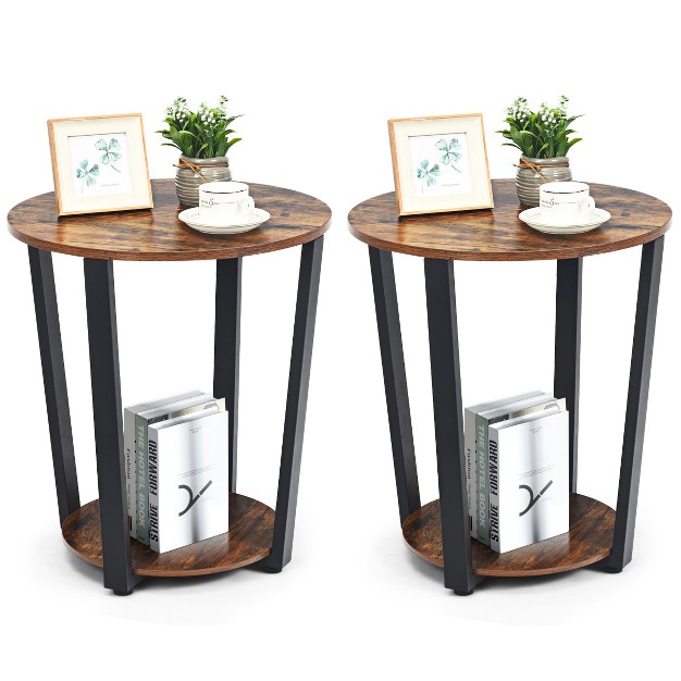 Costway Set Of 2 Industrial End Table Metal Frame W Shelf