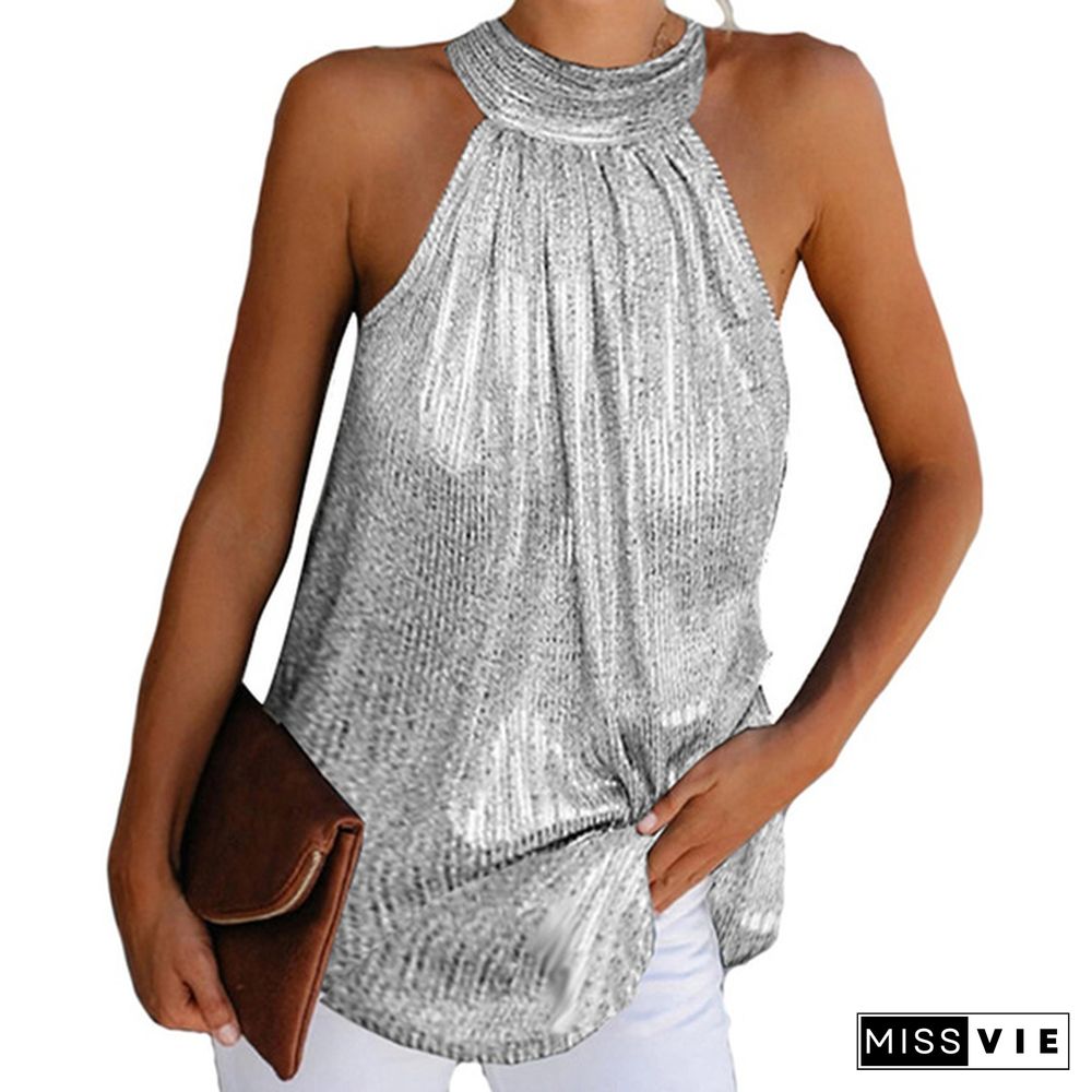 Black Halter Neck Sleeveless T-Shirt Summer Silver Solid Shiny T-Shirts Women