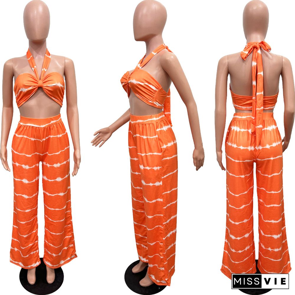 Tie Dye Stripe Halter Crop Tops Wide Leg Pants Suit