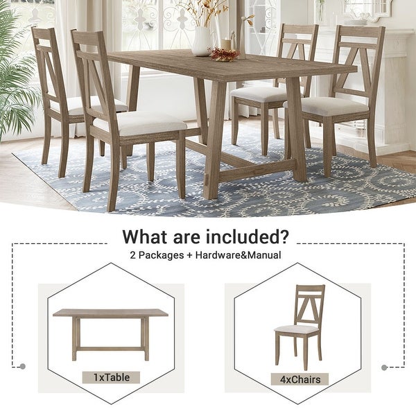 5 piece kitchen table set， 70 inch table and 4 upholstered dining chairs in brown + beige