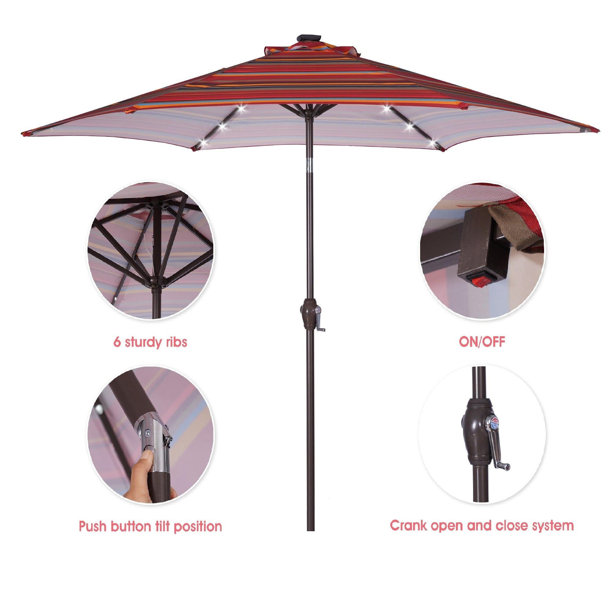 Outdoor Patio 8.7-Feet Market Table Umbrella With Push Button Tilt And Crank, Red Stripes With 24 Led Lights (Umbrella Base Is Not Included)