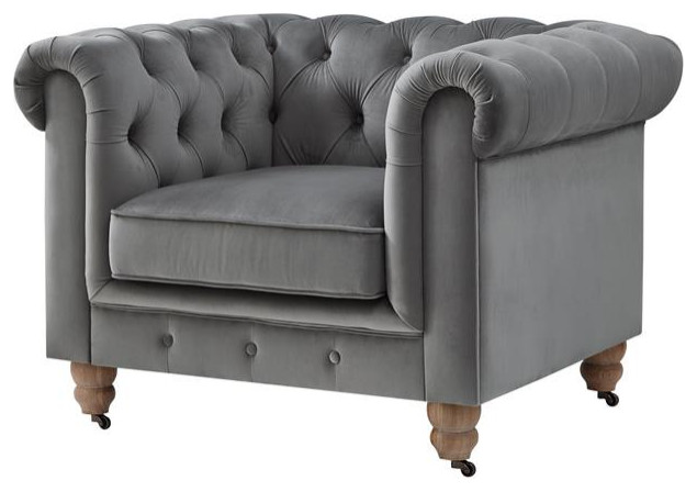 Londynn Club Chair Dark Gray Velvet 42L x 33.5W x 30.3H Button Tufted Rolled Arm   Traditional   Armchairs And Accent Chairs   by Homesquare  Houzz