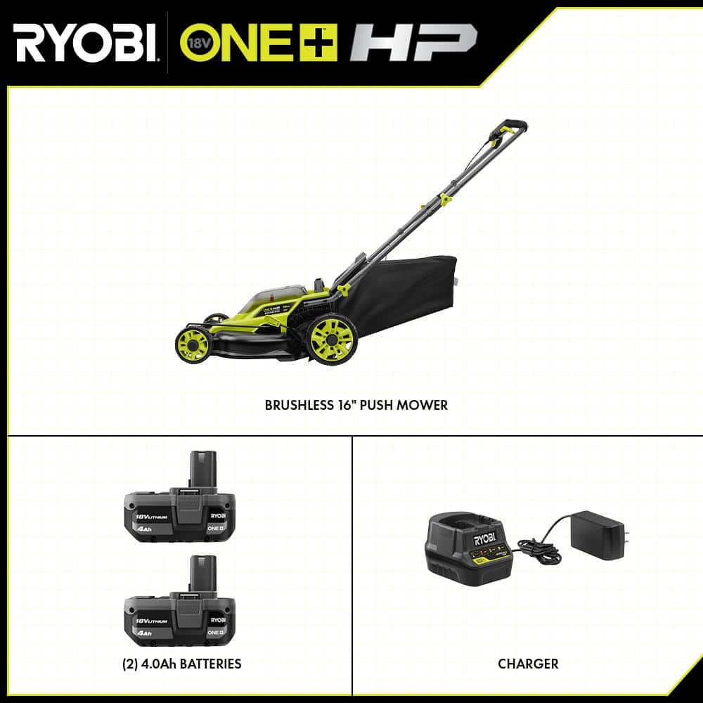 RYOBI ONE+ HP 18V Brushless 16 in. Cordless Battery Walk Behind Push Lawn Mower with (2) 4.0 Ah Batteries and (1) Charger P1190