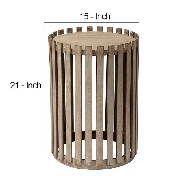 Side Table with Slatted Design Drum Silhouette， Washed brown