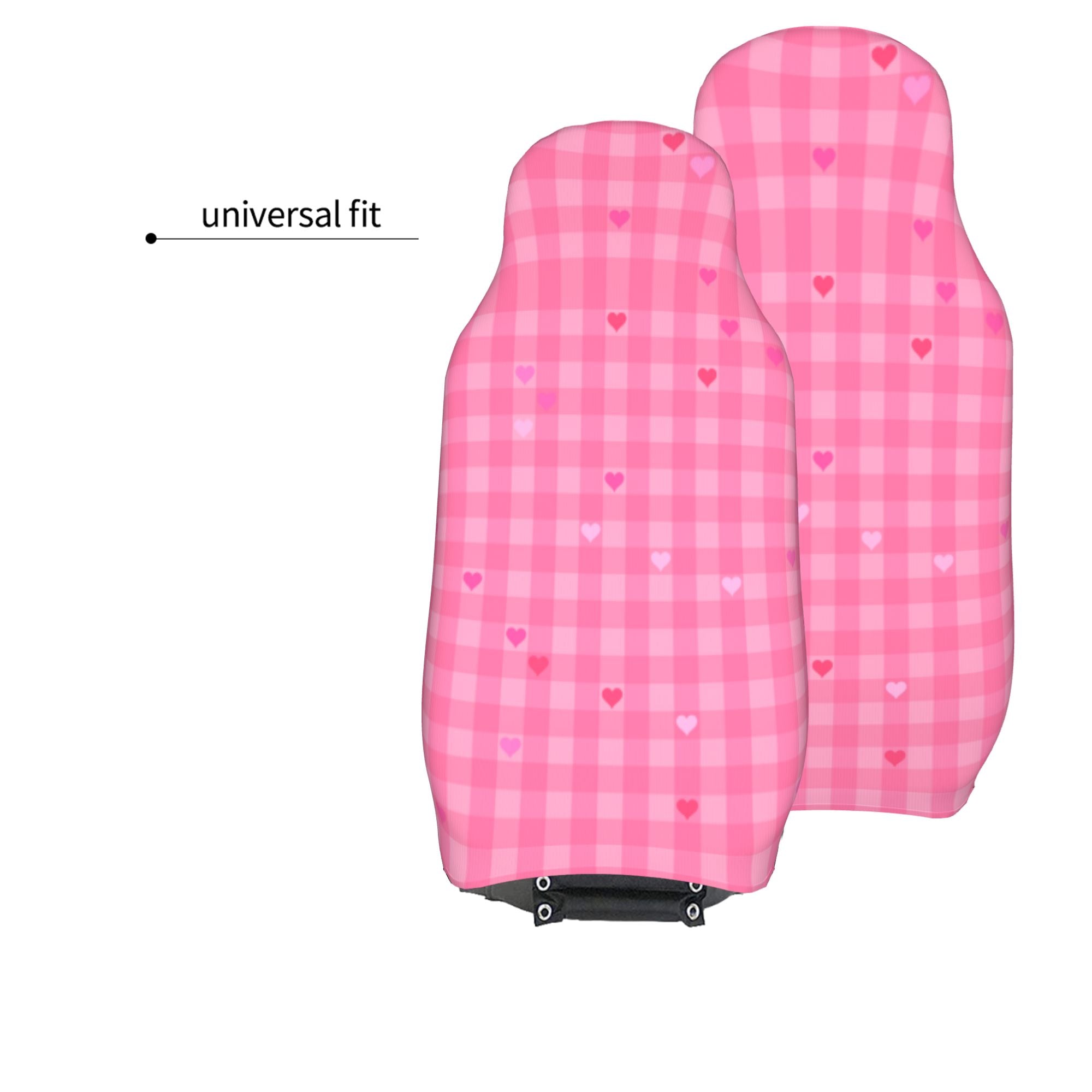 Easy to Install Car Universal Seat Cover， Pink Hearts Checkered Four Seasons Universal Front Seat Cover， 2-Piece