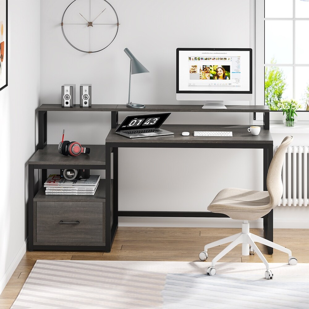 59'' Computer Desk with Drawer  Storage Shelves and Monitor Stand