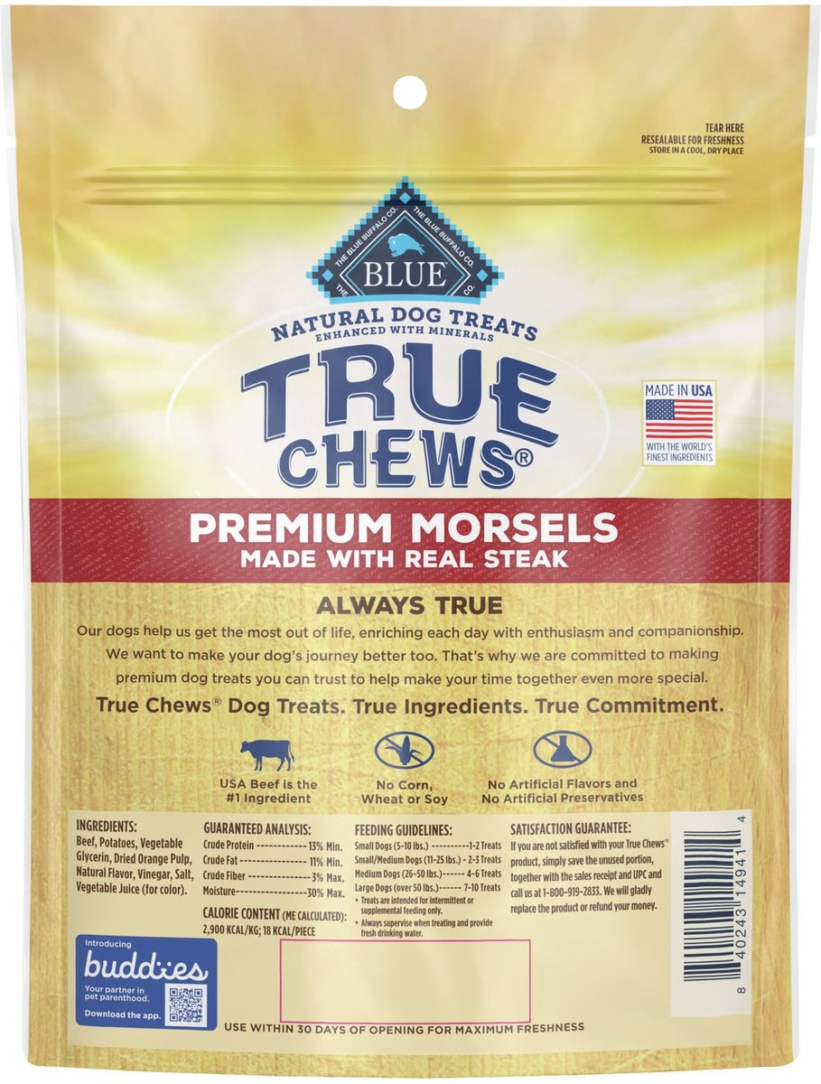 Blue Buffalo True Chews Premium Morsels Natural Grain Free Steak Dog Treats