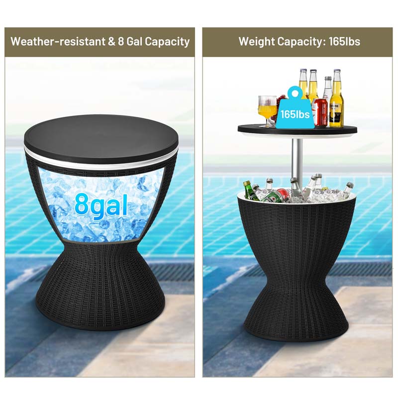 3-in-1 Rattan Outdoor Patio Bar Side Table with Ice Bucket, 8 Gallon Ice Cooler Wine Cocktail Table for Deck Pool Party