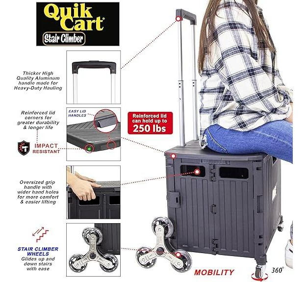 Dbest Products Quik Cart Stair Climber Wheeled Rolling Crate With Seat amp Heavy Duty Collapsible Basket