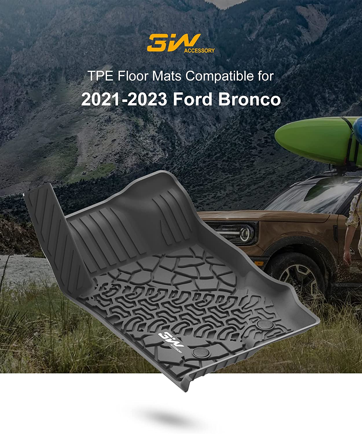 3W Floor Mats Compatible for 2021 2022 2023 Ford Bronco 4 Door TPE All Weather Car Accessories Custom Fit Floor Liner 1st and 2nd Row Full Set Car Mats， Black