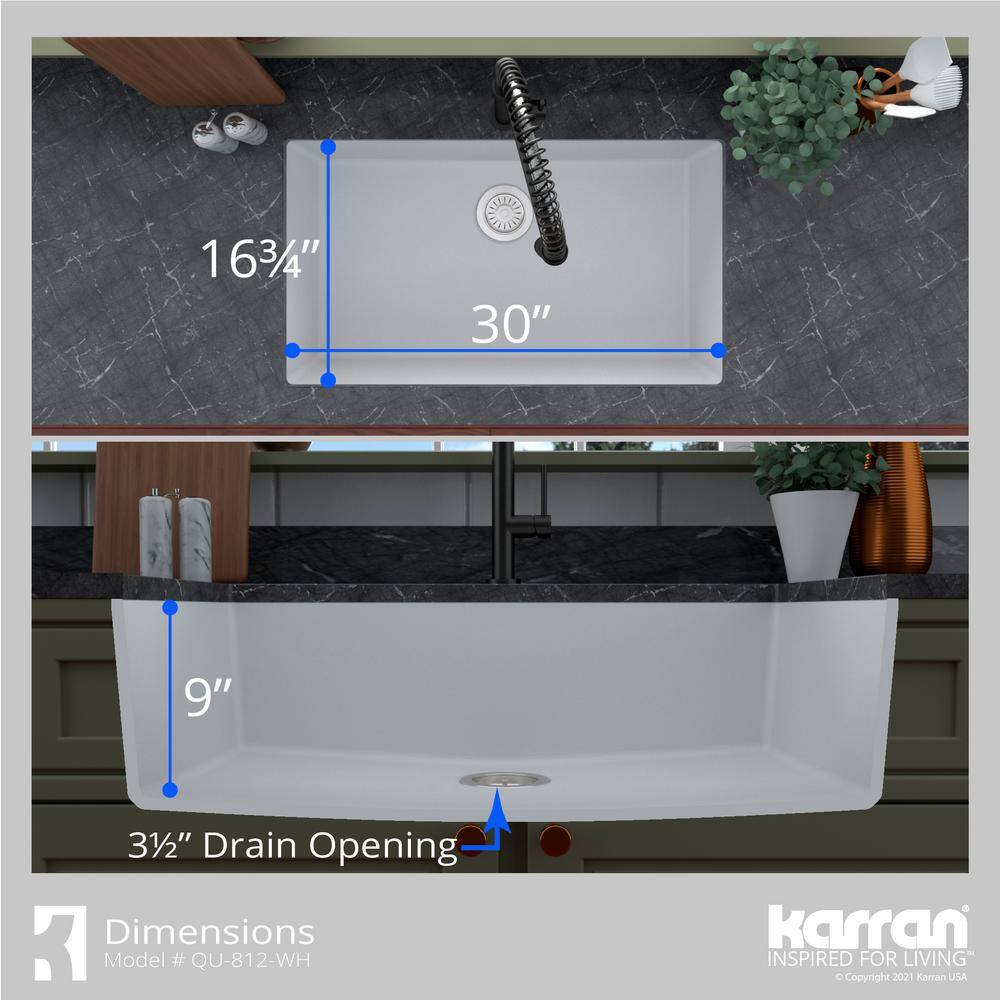 Karran QU- 812 Quartz 32.5 in. Large Single Bowl Undermount Kitchen Sink in White QU-812-WH