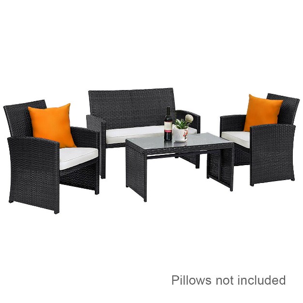 Costway 4pcs Patio Rattan Furniture Conversation Set Cushioned Sofa Coffee Table Garden Black