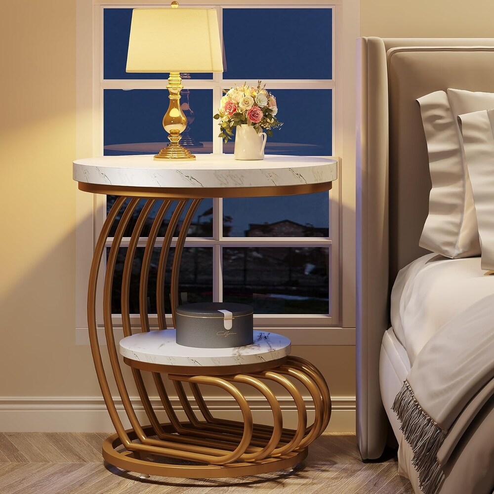 2 Tiers Round End Table  Side Table with Storage Shelf for Living Room