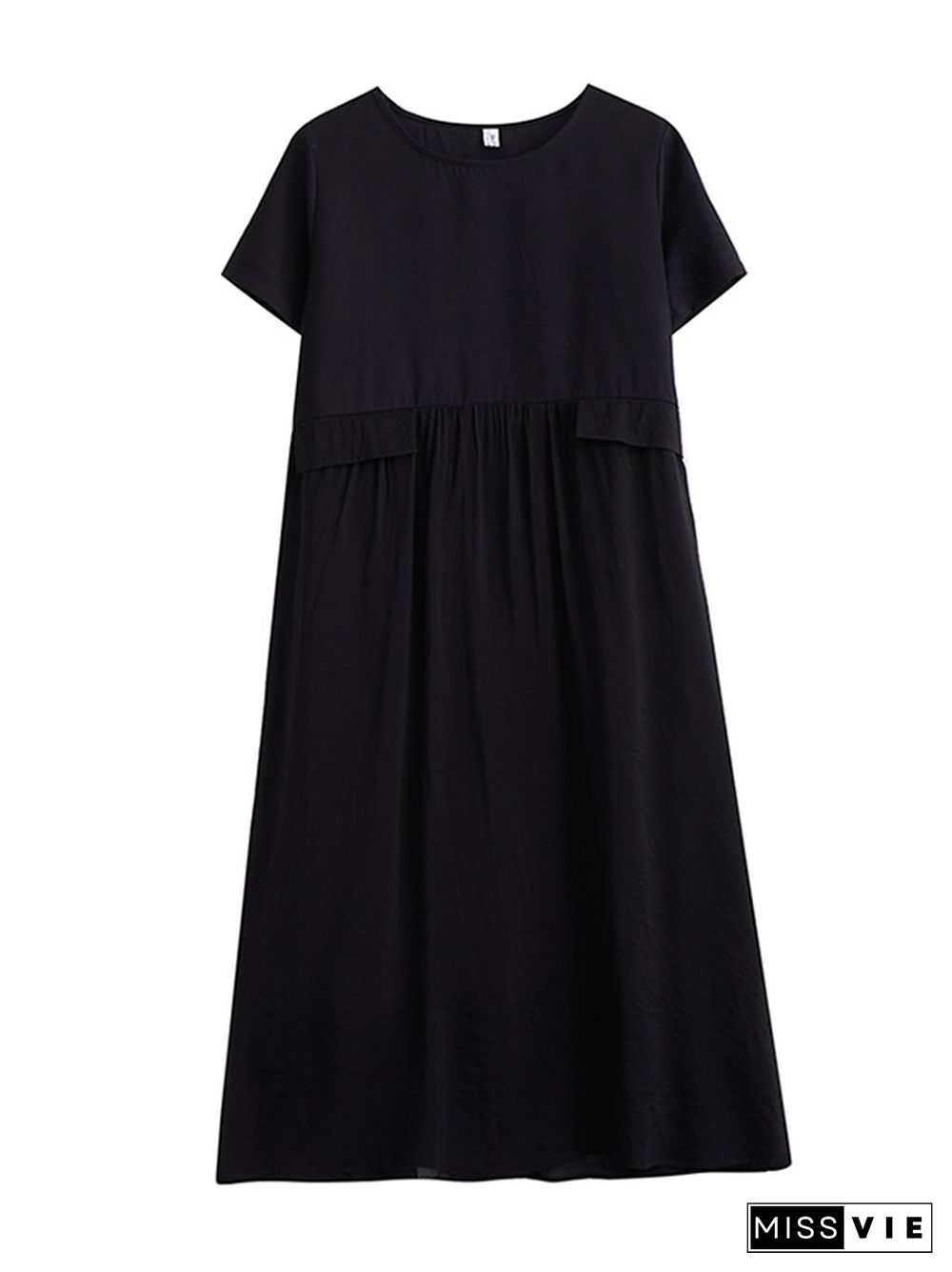 Loose Short Sleeves Gauze Solid Color Split-Joint Round-Neck Midi Dresses