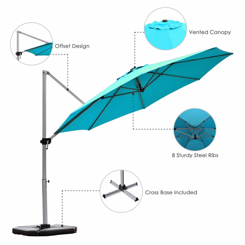 11 FT Patio Offset Cantilever Umbrella 360° Rotation Tilt with Cross Base & Crank Handle