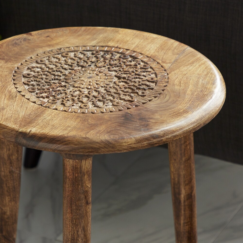 Wood Handmade Intricately Carved Floral Accent Table with 3 Slender Legs
