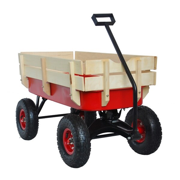 Outdoor Yard Wagon All Terrain Pulling Wood Railing Air Tires Kids Shopping Cart