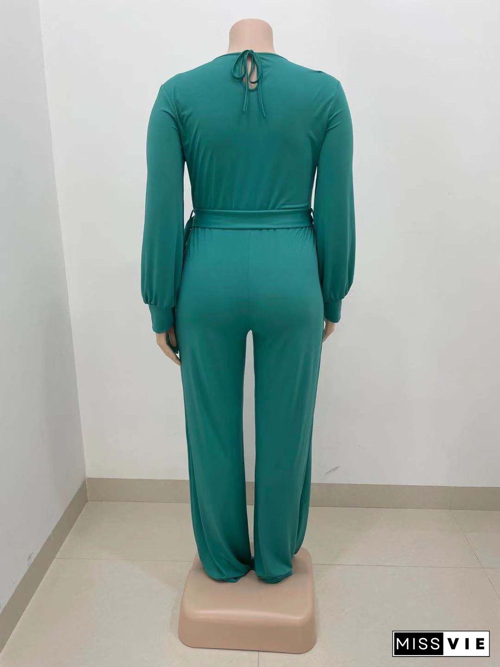 Long Sleeve V-neck Plus Size Wide Leg Jumpsuit