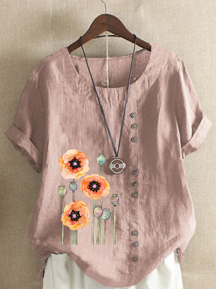 Round Neck Casual Loose Floral Print Short Sleeve Blouse