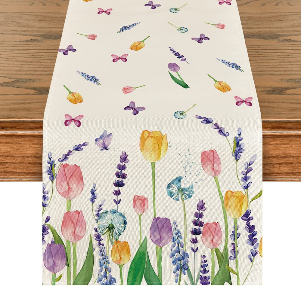 Artoid Mode Lavender Tulip Spring Table Runner for Dining Table 13 x 72 Home Kitchen Decor