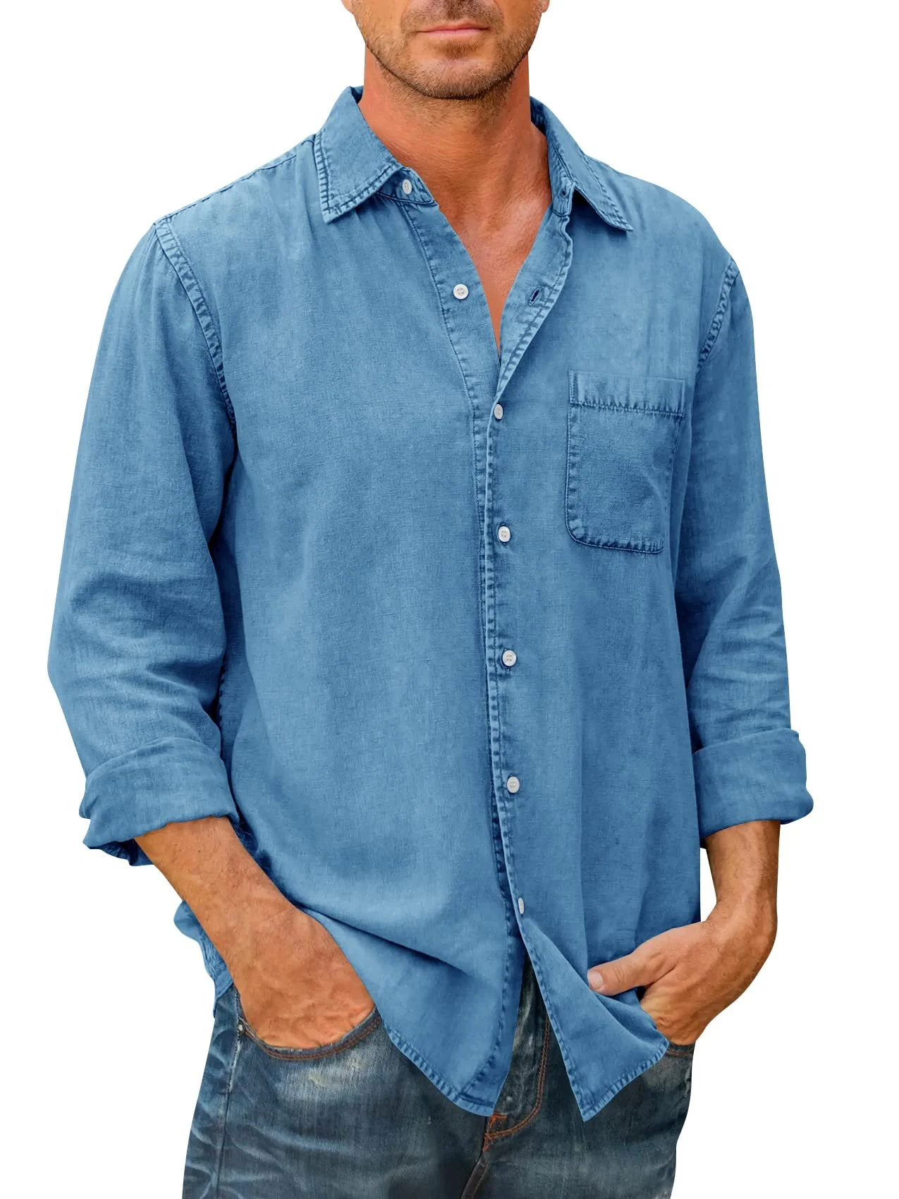 🔥Mens Denim Long Sleeve Button Down Shirt