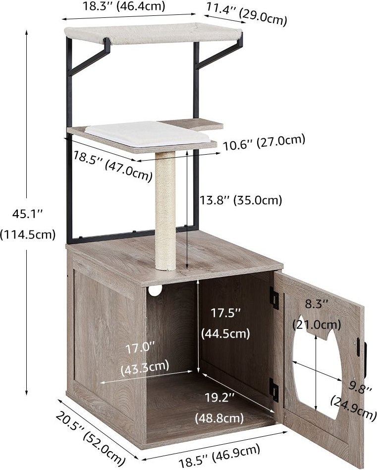 Unipaws Wooden Cat Litter Box Enclosure with Cat Tree and Hammock， Weathered Grey