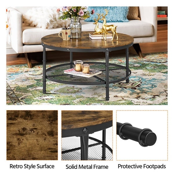 Round Metal Coffee Table with Storage Shelf， Rustic Brown