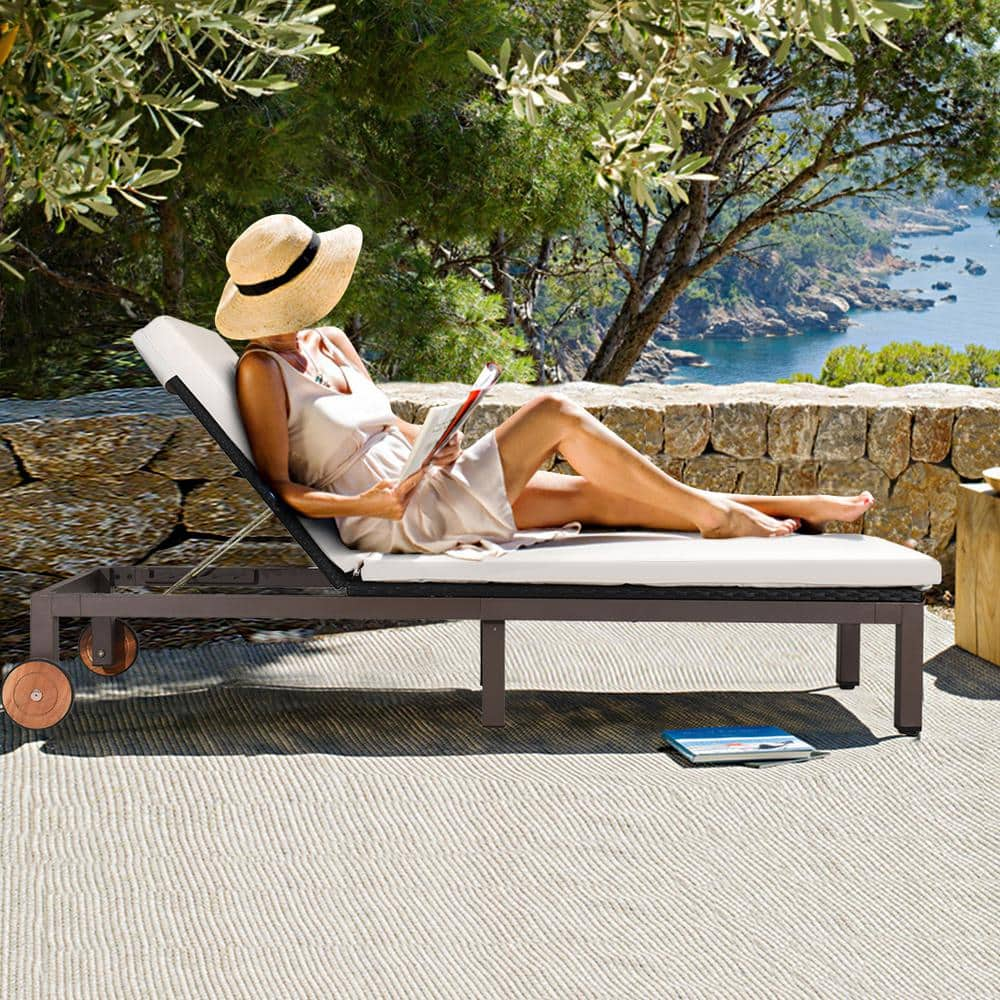 Costway Brown Back Adjustable Rattan Wicker Outdoor Patio Lounge Chair Chaise Recliner with Beige Cushions HW63222