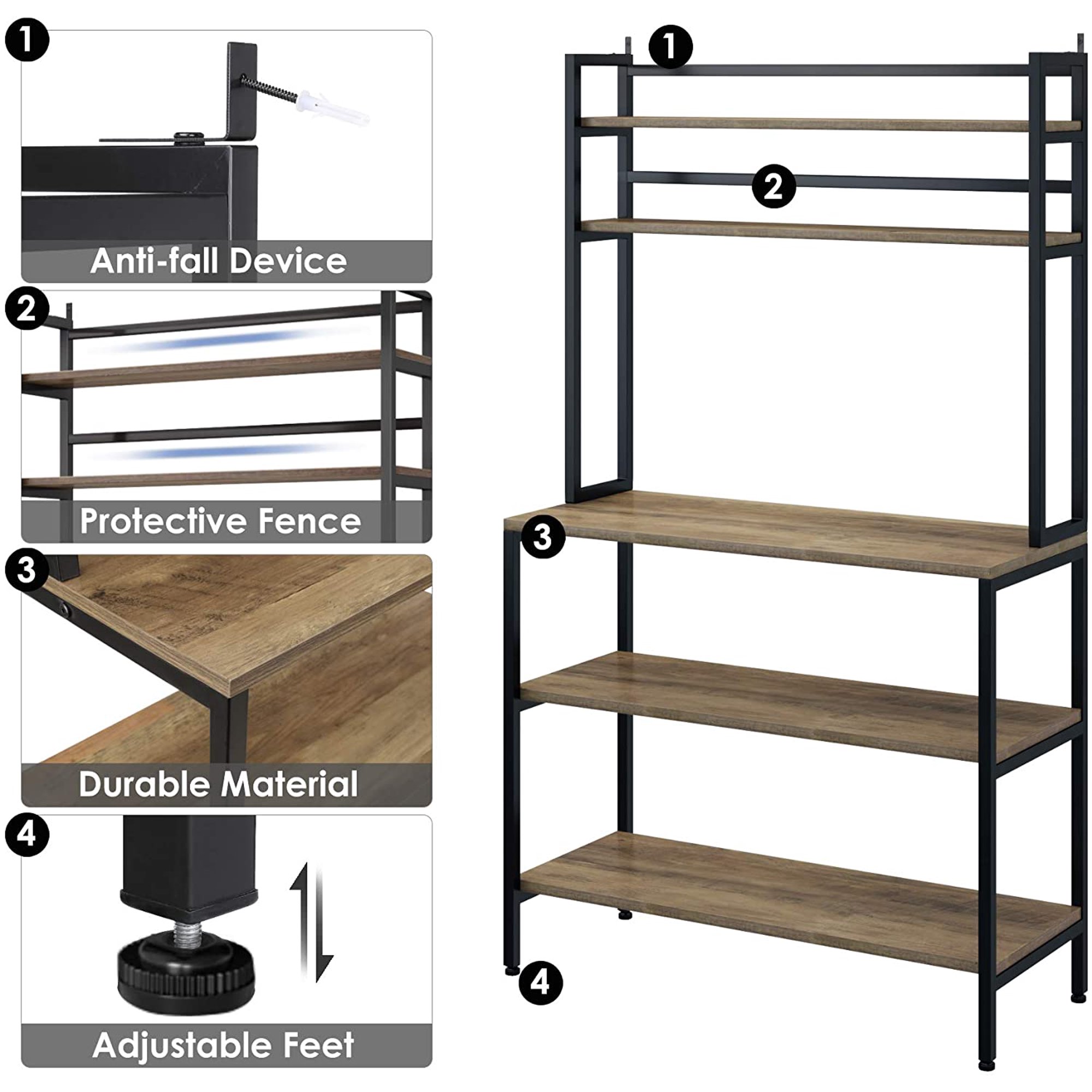 Homfa 5-Tier Kitchen Hutch， Microwave Oven Stand with Metal Frame， Wood Storage Shelf， Rustic Brown Finish