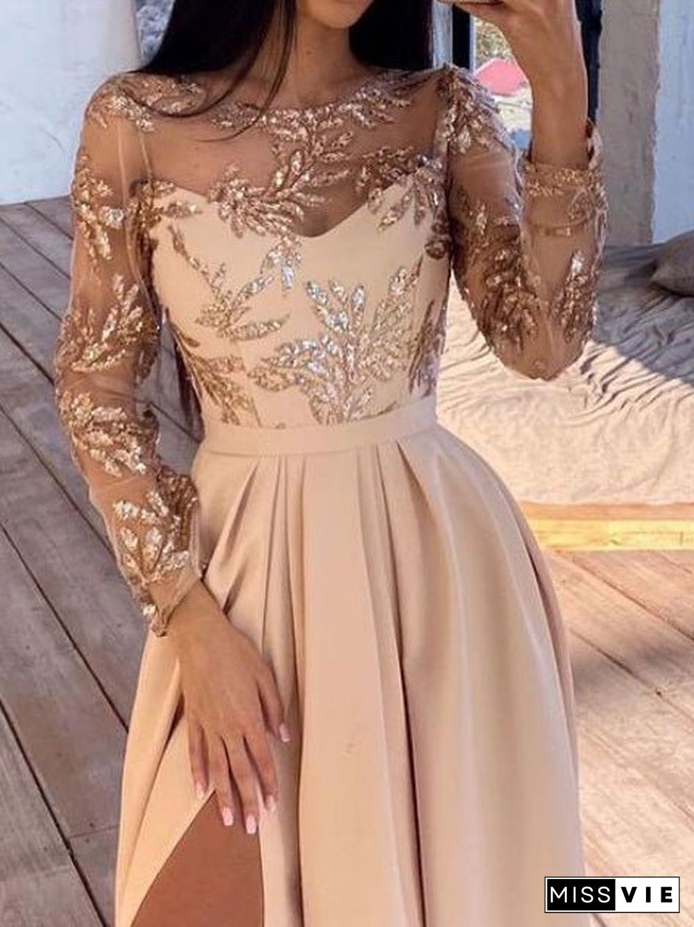 Women'S Dresses Bronzed Sequin Long Sleeve Slit Dress