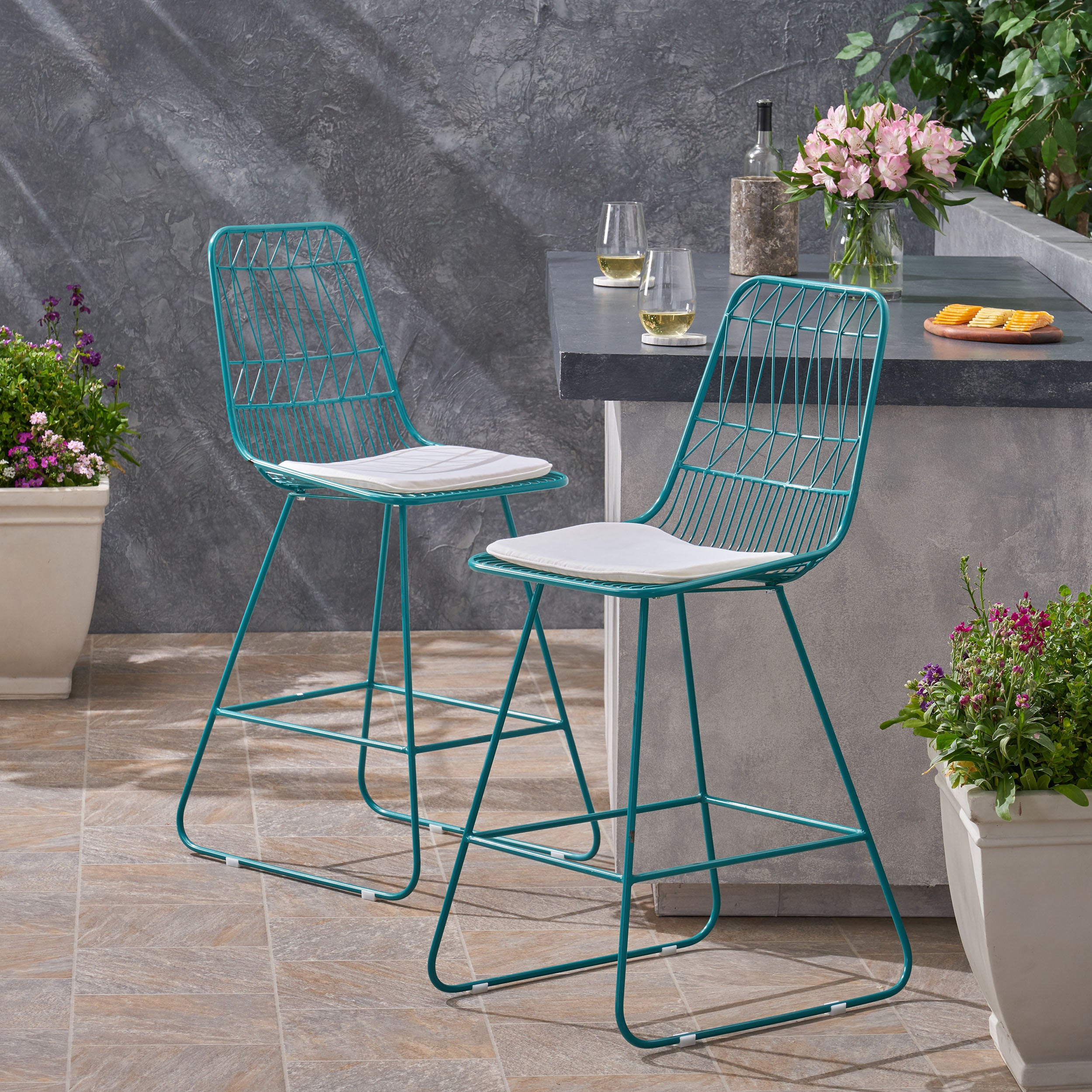 Hedy Outdoor Wire Counter Stools with Cushions (Set of 2), Teal and Ivory