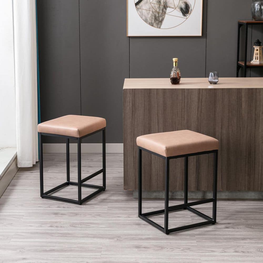 FORCLOVER 24 in. Brown Backless Metal Bar Stool with Foam Seat (2 Set of Included) AAF-186BR