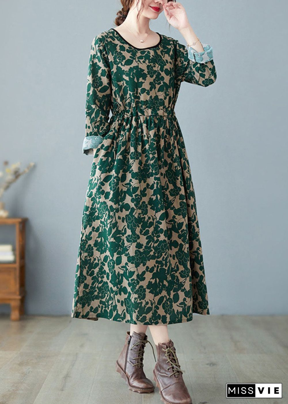 Vintage Green O-Neck Print Linen Dress Spring