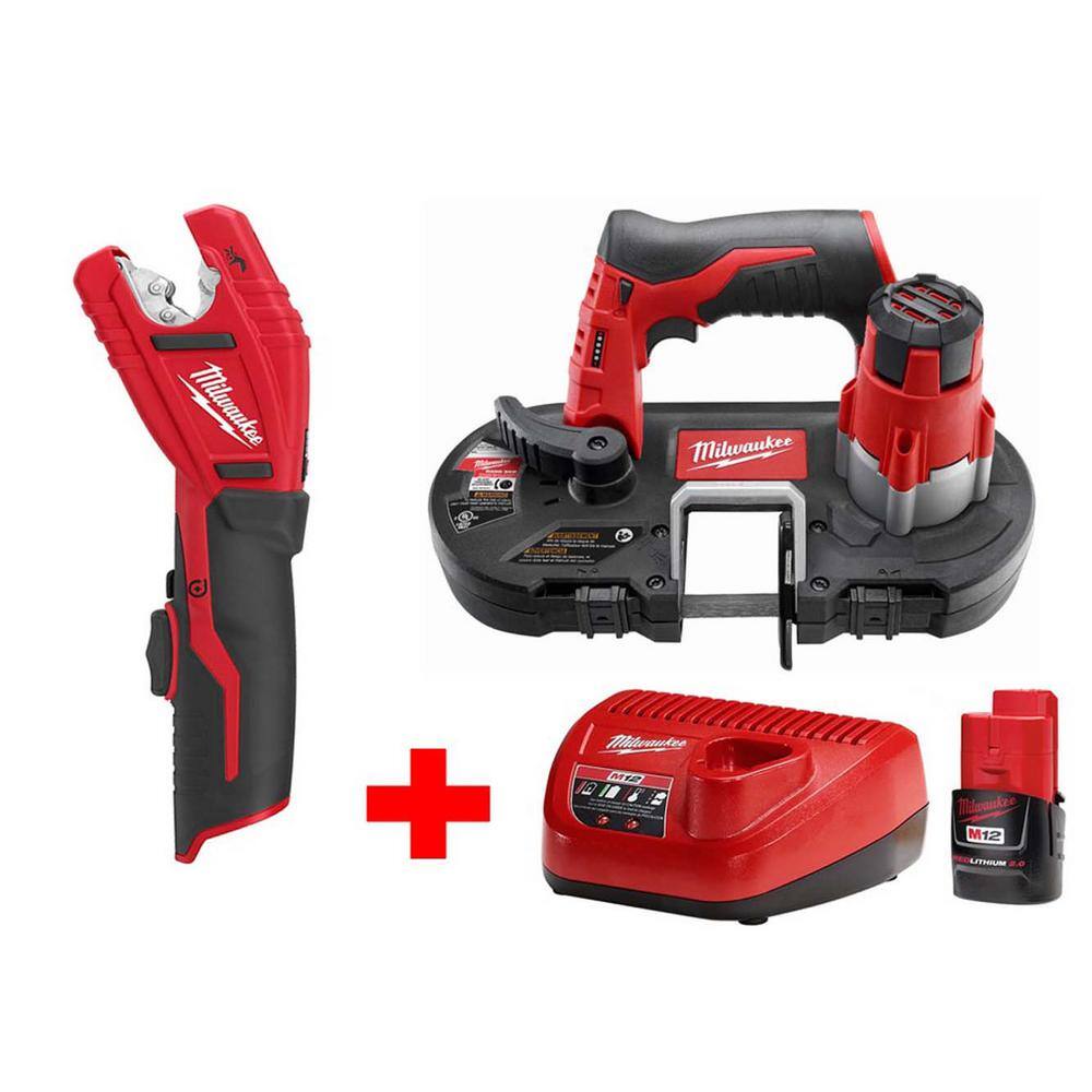 MW M12 12V Lithium-Ion Cordless Sub-Compact Band Saw and Copper Tubing Cutter Combo Kit W(1) 2.0Ah Battery and Charger 2429-20-2471-20-48-59-2420