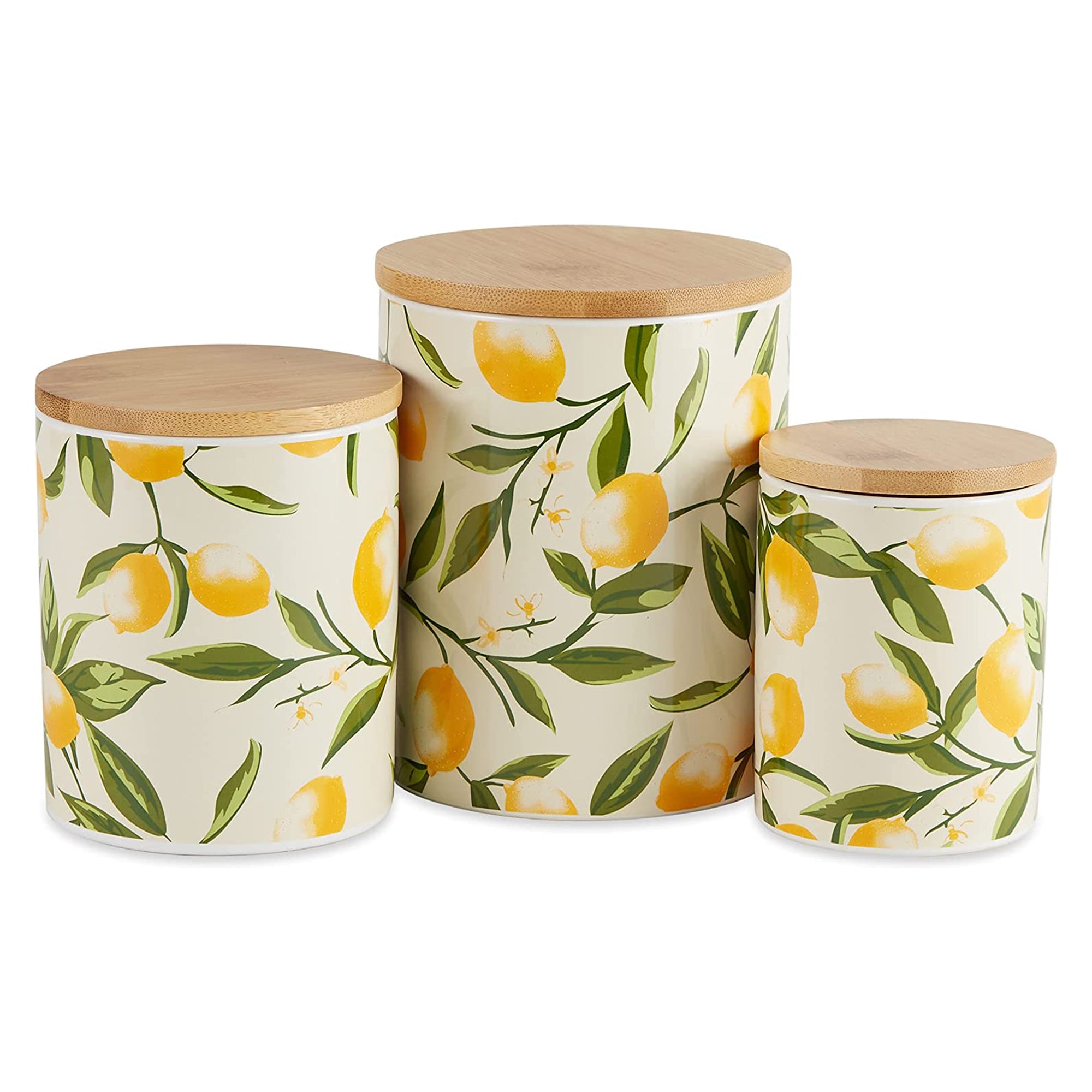 Ceramic Kitchen Canister and Bamboo Lid Set, Lemon, 3 Piece (Open Box)