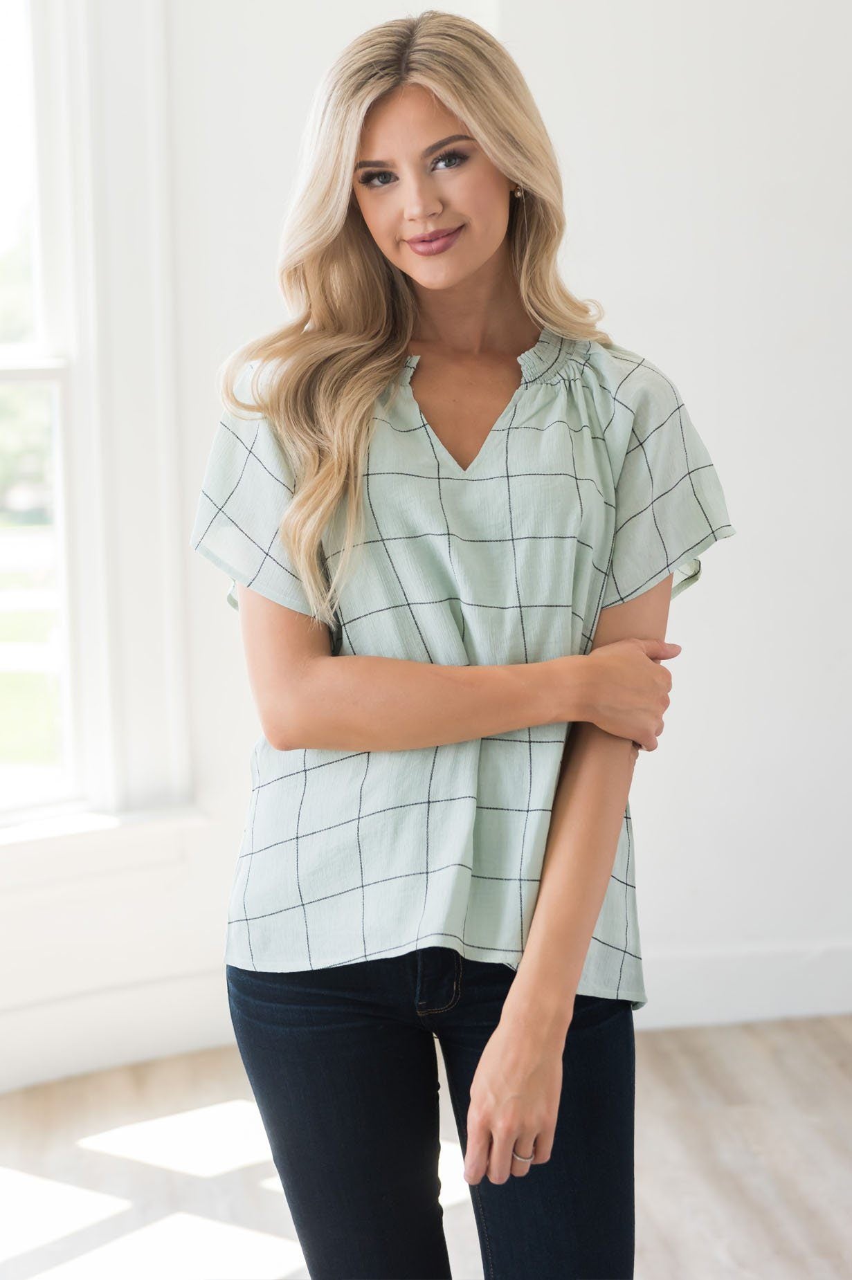 Nine to Five Modest Windowpane Blouse