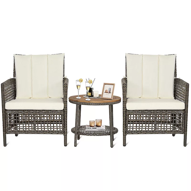 3 Pieces Patio Rattan Furniture Set with Cushioned Sofas and Wood Table Top-White