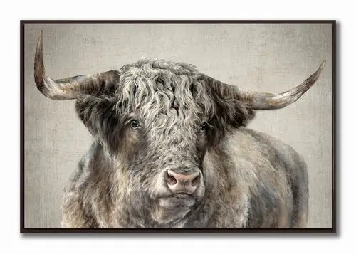 Kyloe Bull Hand Embellished Canvas Wall Art in Floater Frame