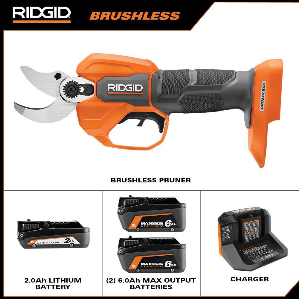 RIDGID 18V Brushless Pruner Kit with 2.0 Ah Battery Charger and 6.0 Ah MAX Output Lithium-Ion Batteries (2-Pack) R01301KVNM-AC840060PN