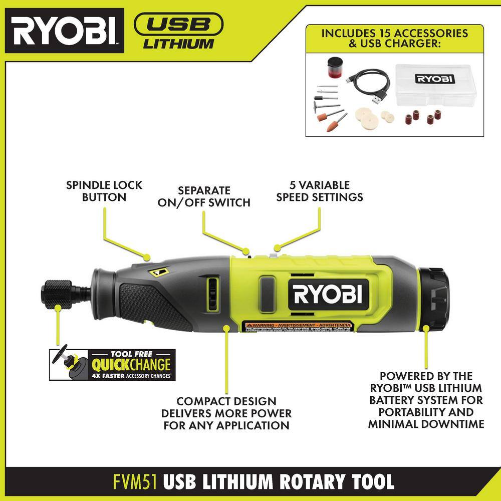 RYOBI USB Lithium Rotary Tool Kit with Extra USB Lithium 2.0 Ah Rechargeable Batteries (2-Pack) FVM51K-FVB201