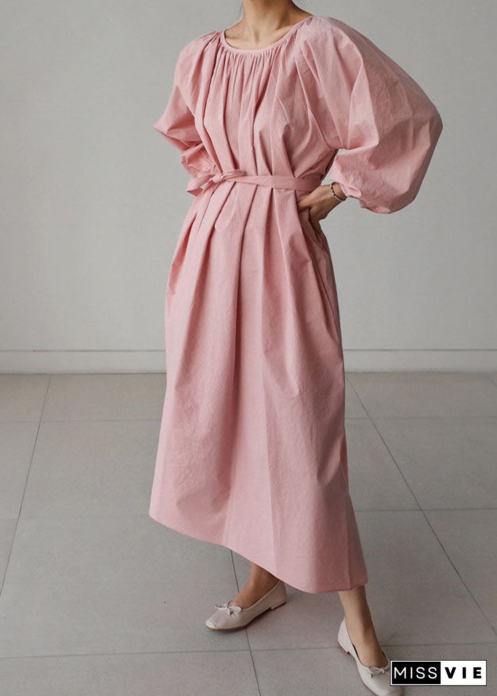 Pink Cotton O-Neck wrinkled Maxi Dress Three Quarter sleeve