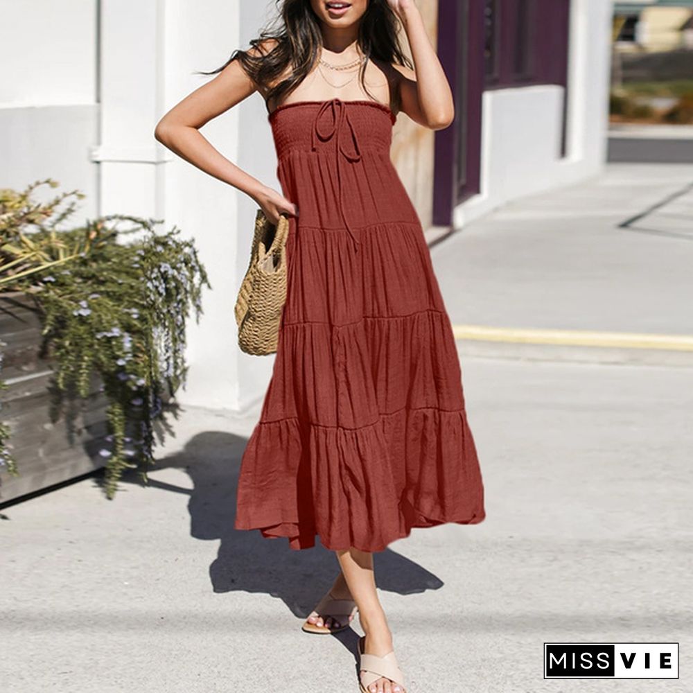 ZANZEA Women Summer Elastic Waist Casual Loose Party Evening Long Skirts Tiered Maxi Dresses