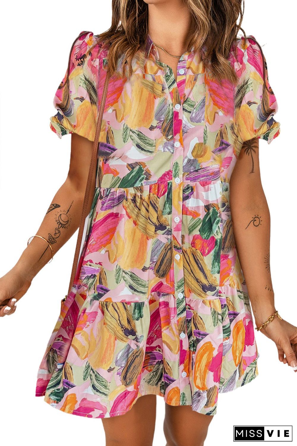 Floral Print Short Sleeve Shirt Dress