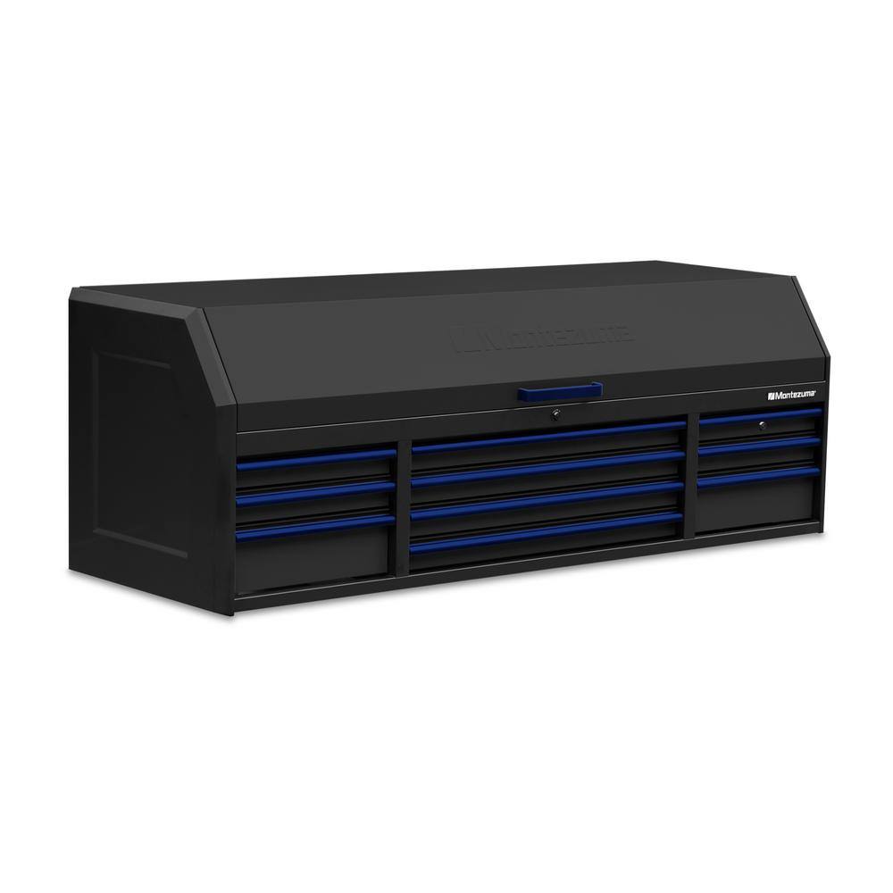 Montezuma 72 in. x 24 in. 10-Drawer Tool Top Chest with Power and USB Outlets in Black and Blue BKM722410CH